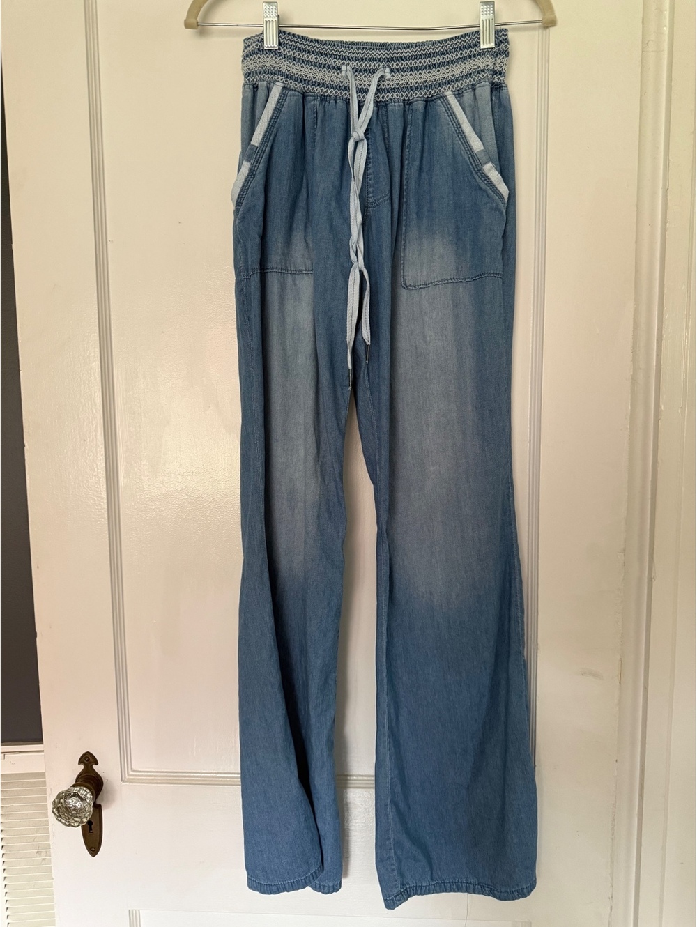 Rewash Light Blue Denim Pants with Smocked Waist, Size L